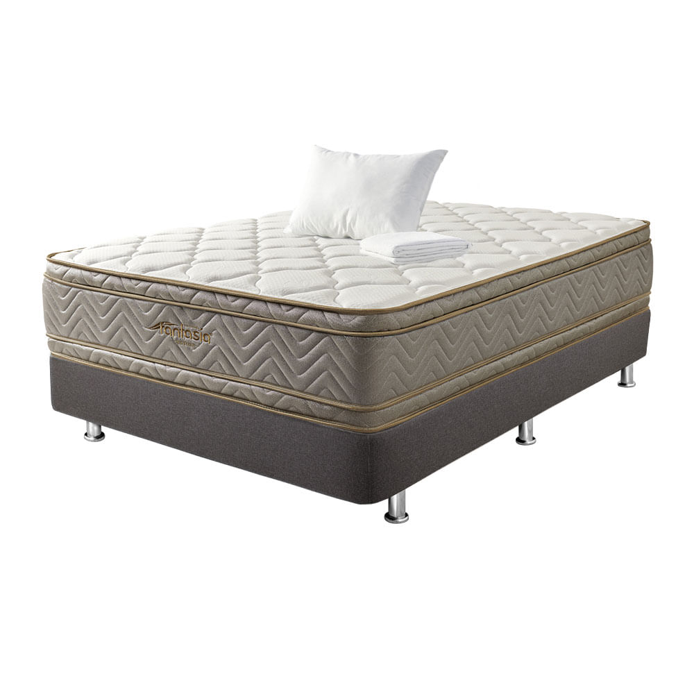 COMBO FANTASÍA COLCHON&nbsp;OPTIMS 120X190CM + BASE CAMA SOMIER PLUSS M2 LINO GRIS  + ALMOHADA + PROTECTOR