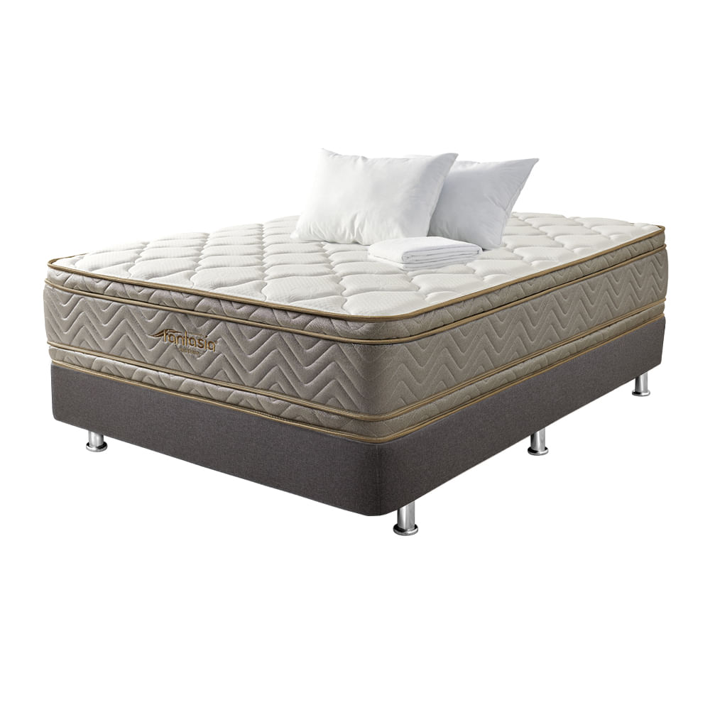 COMBO FANTASÍA COLCHON OPTIMS 140X190CM + BASE CAMA SOMIER PLUSS M2 LINO GRIS + 2 ALMOHADAS + PROTECTOR